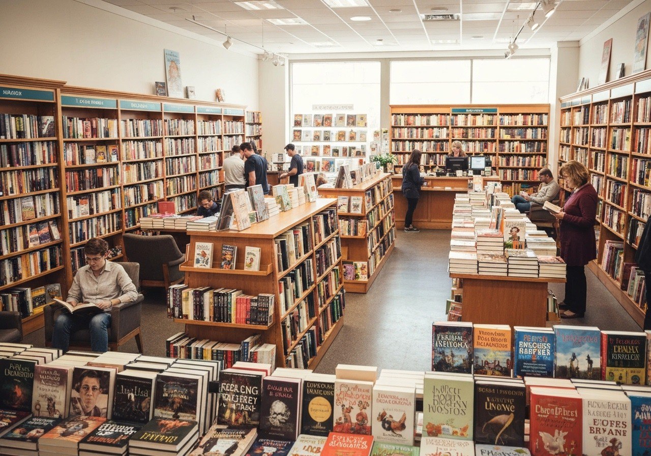 и наконец "bookstore in 2014". все та же атмосфера в магазине, с желными деревянными полк…